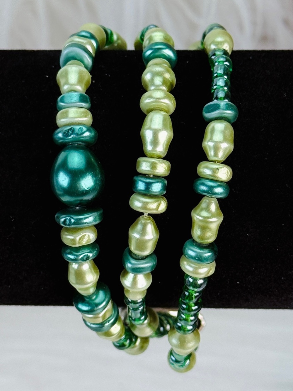 Vintage three strand Green faux pearl Bracelet